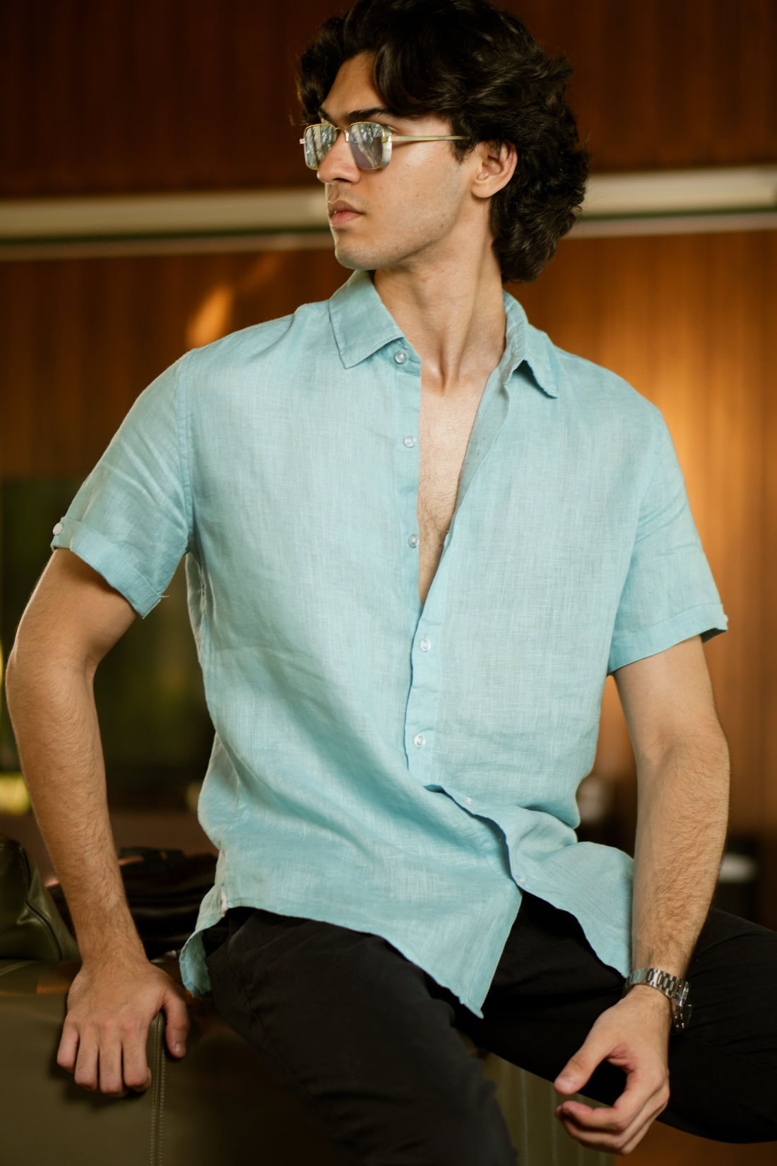 Azure Mist Short Sleeve Linen Shirt